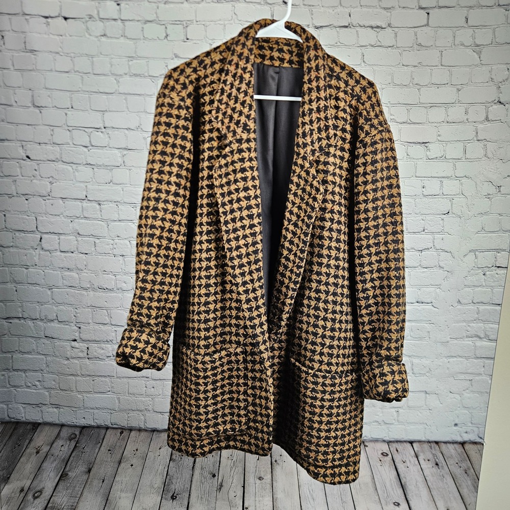 Vintage 100% Wool Houndstooth Blazer Jacket Brown Black Orange Made in USA Large